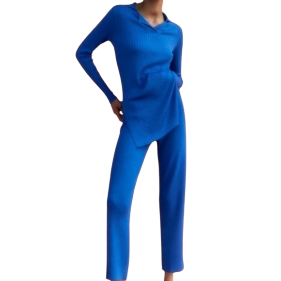 Zara Blue Knit Ribbed Tunic and Pant Set NEW - Picture 1 of 9